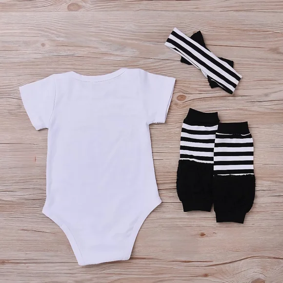Baby Girl White Onesie Lace Stripe Leg Warmer Bow Hairband 3Pcs Kids Set 0-3M - Picture 2 of 5
